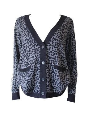 Gray and navy leopard print knit cardigan with pockets